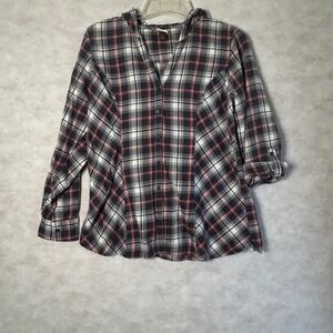 Sonoma Life + Style Womens XL Plaid Hooded Button Down Roll Tab Sleeve Shirt